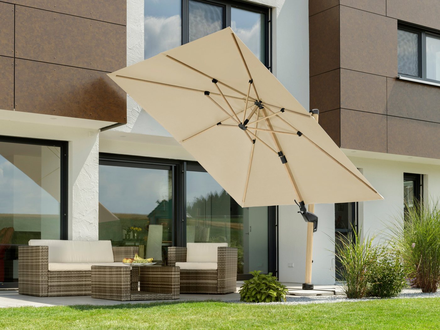 Schneider Schirme Ampelschirm Rhodos Twist Woody, BxL: 300x300 cm, Alu/Polyester, inkl. Plattenständer/Schutzhülle von Schneider Schirme