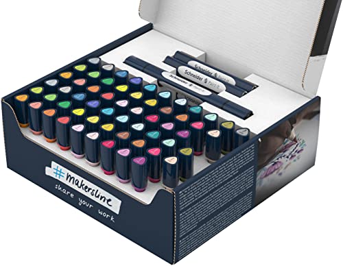 Schneider 040 Paint-It Twinmarker Komplettset (Brush Tip & 1,0 mm Rundspitze,farbintensive Tinte auf Wasserbasis,für die Anwendung auf Papier,Stifte aus 92% recyceltem Kunststoff) 72 Teile, mehrfarbig von Schneider