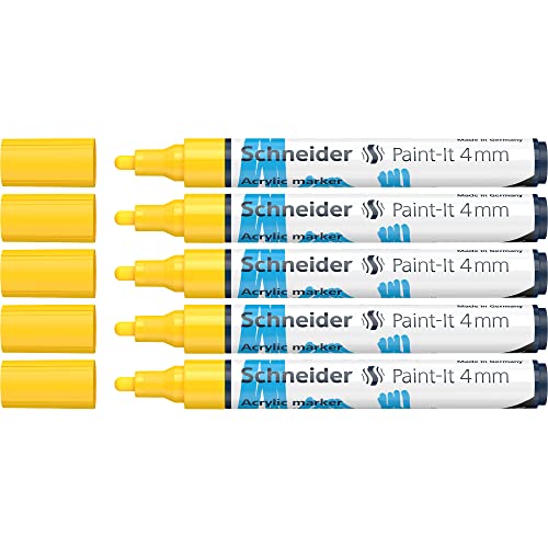 Schneider 120205 Paint-It Acrylstifte (mit 4 mm Rundspitze, hochdeckende Acrylfarben für Holz, Leinwand, Stein uvm.) 5er Pack, gelb von Schneider