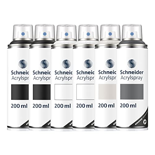 Schneider Paint-It 030 Acryllack Basic Set 1 (6 Dosen hochdeckende Sprühfarbe, UV-beständig, 6x 200 ml, Acrylspray für fast alle Untergründe) 2x black, 2x white, 1x dark grey, 1x grey von Schneider