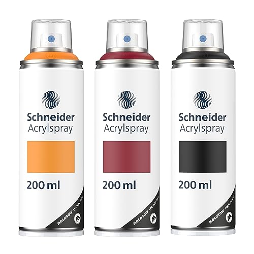 Schneider Paint-It 030 Supreme DIY Acryllack 3er Set (hochdeckende Sprühfarbe, UV-beständig, 200 ml, Acrylspray für fast alle Untergründe) light orange/royal red/schwarz von Schneider