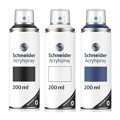 Schneider Paint-It 030 Supreme DIY Acryllack 3er Set (hochdeckende Sprühfarbe, UV-beständig, 200 ml, Acrylspray für fast alle Untergründe) schwarz/weiß/midnight blue von Schneider