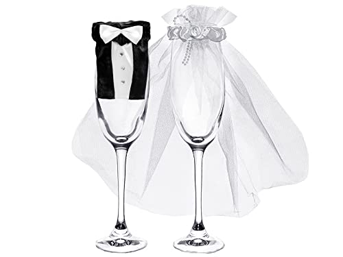 Glasdekoration Braut und Bräutigam Sektglas Champagnerglas Hochzeitsanzug Hochzeitskleid von Schnooridoo