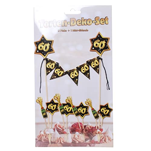 Schnooridoo Torten-Deko-Set Zahlen, schwarz/Gold, 9-TLG. 8 Picks & 1 Mini-Girlande Geburtstag Jubiläum (Torten-Deko-Set 60", schwarz/Gold, 9-TLG.) von Schnooridoo