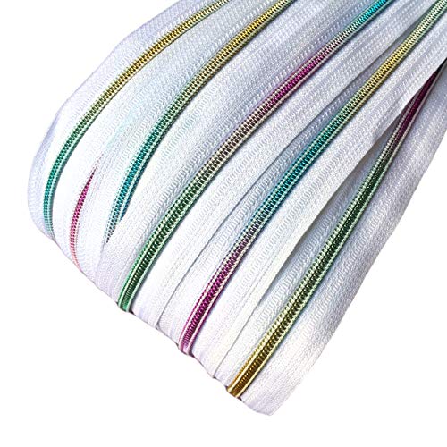 Schnoschi 2 m endlos Reißverschluss weiß mit Regenbogeneffekt 5mm Laufschiene + 5 Zipper, Spiralreißverschluss von Schnoschi