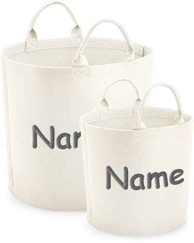 Schnoschi Filz Aufbewahrungskorb mit Namen oder Text bestickt, Wäschekorb mit Wunschnamen, Spielzeugkorb individualisiert (creme, 40 x 40 cm - 50 Liter) von Schnoschi
