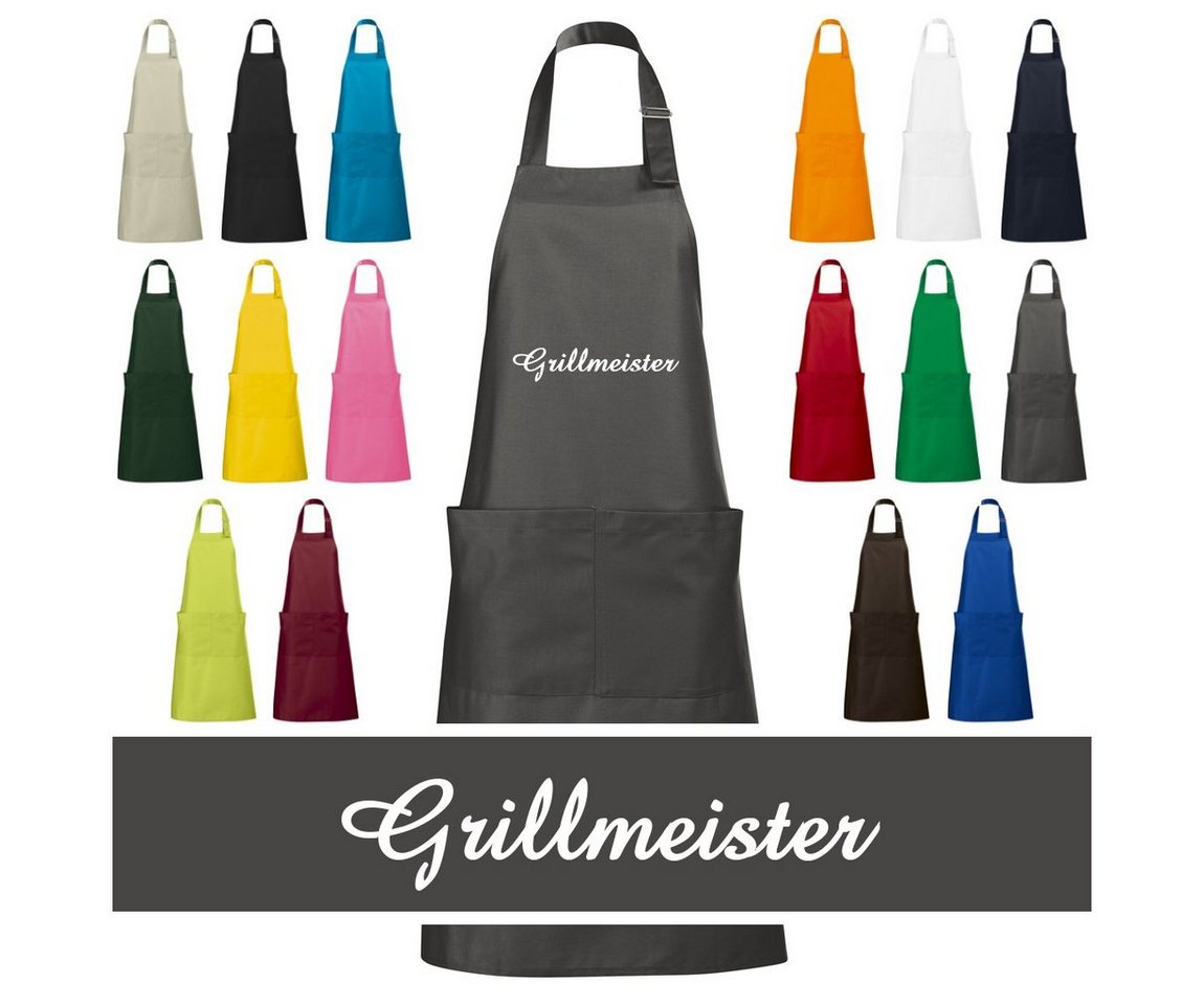 Schnoschi Grillschürze Hochwertige Küchenschürze mit Grillmeister bestickt, Grill Schürze, Stickerei Grillmeister, Große Tasche mit 2 Fächern, Metallschlaufe von Schnoschi