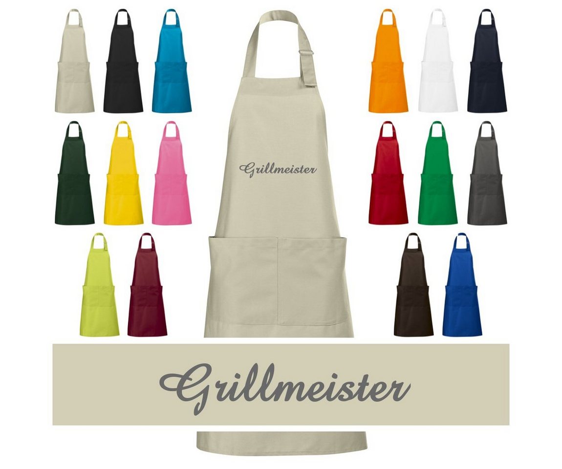 Schnoschi Grillschürze Hochwertige Küchenschürze mit Grillmeister bestickt, Grill Schürze, Stickerei Grillmeister, Große Tasche mit 2 Fächern, Metallschlaufe von Schnoschi