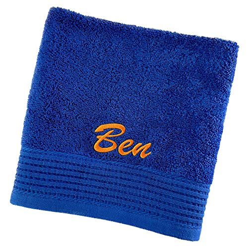 Schnoschi Handtuch mit Namen oder Wunschtext Bestickt, personalisiertes Duschtuch, individuelles Badetuch, Saunatuch oder Gästehandtuch mit Initialen, 100% Baumwolle, 100 x 180 cm Royalblau von Schnoschi