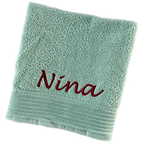 Schnoschi Handtuch mit Namen oder Wunschtext Bestickt, personalisiertes Duschtuch, individuelles Badetuch, Saunatuch oder Gästehandtuch mit Initialen, 100% Baumwolle, 30 x 50 cm mintgrün von Schnoschi
