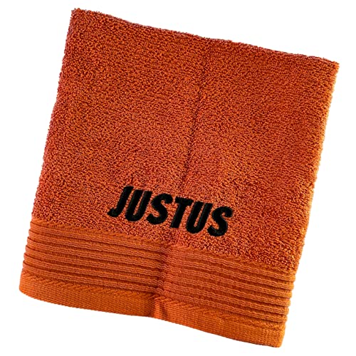 Schnoschi Handtuch mit Namen oder Wunschtext Bestickt, personalisiertes Duschtuch, individuelles Badetuch, Saunatuch oder Gästehandtuch mit Initialen, 100% Baumwolle, 30 x 50 cm orangerot von Schnoschi