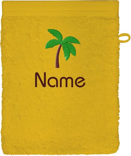 Schnoschi Waschlappen mit Namen, Text oder Motiv Bestickt, personalisiertes Handtuch, individueller Waschhandschuh, Lappen oder Gesichtstuch mit Initialen, 100% Baumwolle, 16 x 21 cm (Gelb) von Schnoschi