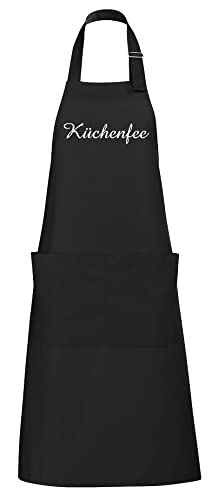 Schnoschi hochwertig bestickte Küchenschürze in Schwarz, Schürze mit Küchenfee gestickt von Schnoschi