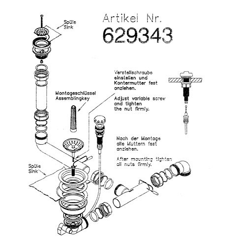 Ab- und Überlaufgarnitur für die Schock X-Tra R-125 und Classic R-100 Spüle / inkl. Bowdenzug / Spülenzubehör / Ablaufgarnitur von Schock
