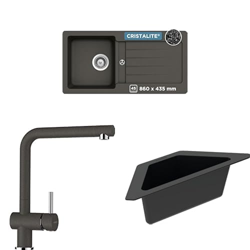 SCHOCK® Küchenspüle Typos D-100S Asphalt 86x43,5 cm - CRISTALITE® Grau | Küchenarmatur Epos Asphalt I Hochdruck Küchenarmatur mit Festauslauf | Eckschale in schwarz I Spülbecken Zubehör von Schock