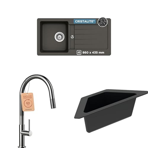 SCHOCK® Küchenspüle Typos D-100S Asphalt 86x43,5 cm - CRISTALITE® Grau | Küchenarmatur FONOS Nero – Hochdruck Armatur mit Festauslauf | Eckschale in schwarz I Spülbecken Zubehör aus Kunststoff von Schock