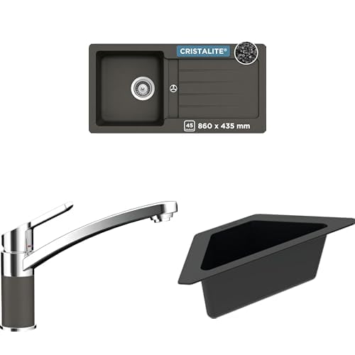 SCHOCK® Küchenspüle Typos D-100S Asphalt 86x43,5 cm - CRISTALITE® Grau | Küchenarmatur SC-90 Asphalt – Hochdruck Armatur mit Festauslauf | Eckschale in schwarz I Spülbecken Zubehör aus Kunststoff von Schock