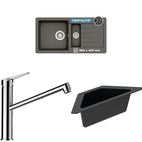 SCHOCK® Küchenspüle Typos D-150S Asphalt 86x43,5 cm - CRISTALITE® Grau | Küchenarmatur METIS Chrom – Hochdruck Armatur mit ausziehbarer Schlauch-Brause | Eckschale in schwarz I Spülbecken Zubehör von Schock