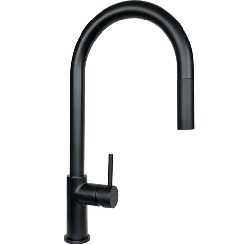 SCHOCK | Einhebelmischer Aquarain mit hohem gebogenen Wasserhahn mit ausziehbarer Handbrause mit Doppelstrahl, Farbe Schwarz, H445 von Schock