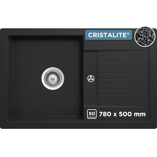SCHOCK Küchenspüle 78 x 50cm Lima D-100S Onyx - CRISTALITE® Schwarz - Waschbecken mit Abtropffläche - Spülbecken Küche Reversibel - Robuste Quarzkompositspüle - Spüle für 50cm Unterschrank von Schock
