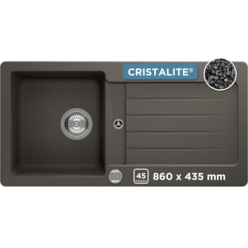 SCHOCK Küchenspüle Typos D-100S Asphalt 86x43,5 cm - CRISTALITE® Grau mit Abtropffläche - Küchenspüle für 45 cm Unterschrank - Reversible Einbauspüle - Robuste Quarzkomposit-Oberfläche von Schock