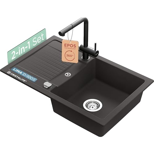 SCHOCK Set schwarz aus Spüle Lima D-100S Nero 78x50 cm und Küchenarmatur Epos Festauslauf Puro – Pflegeleichte, robuste Quarzkomposit-Oberfläche von Schock