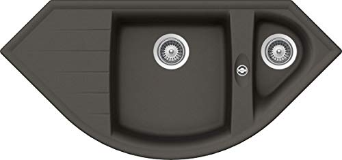 Schock Eck-Küchenspüle 110,5 x 52 cm Genius C-150 Asphalt - CRISTALITE graue Granitspüle mit 1 ½ Becken ab 90 cm Unterschrank-Breite, GENC150AGAS von Schock