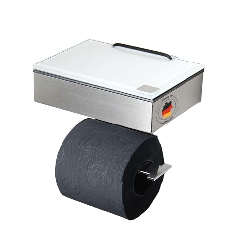 Toilettenpapierhalter mit Feuchttücherbox - Gehäuse Matt & Abdeckung Glas Weiß - befüllbar von Rechts - Wandhalterung 2-in-1, Feuchttuchbox & Klopapierhalter aus Edelstahl, Made in Germany von Schönbeck Design