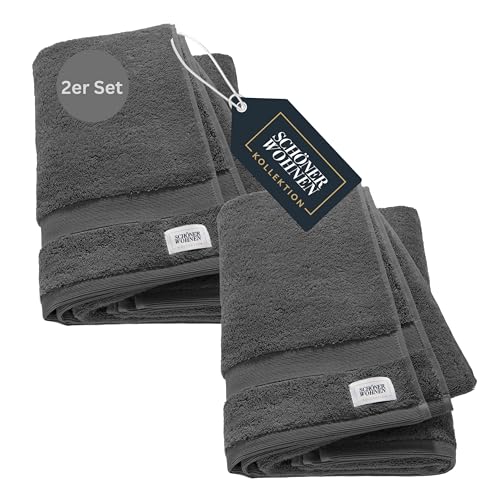 SCHÖNER WOHNEN 2er Set Premium Duschtuch 70x140 cm - saugstark - Luxus Badetücher Anthrazit 2teilig - 100% Baumwolle - flauschig weich - als Handtuch-Set kombinierbar - Frottiertücher - Öko-Tex von Schöner Wohnen Kollektion