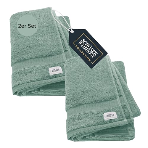 SCHÖNER WOHNEN 2er Set Premium Duschtuch 70x140 cm - saugstark - Luxus Badetücher Grün 2teilig - 100% Baumwolle - flauschig weich - als Handtuch-Set kombinierbar - Frottiertücher - Öko-Tex von Schöner Wohnen Kollektion