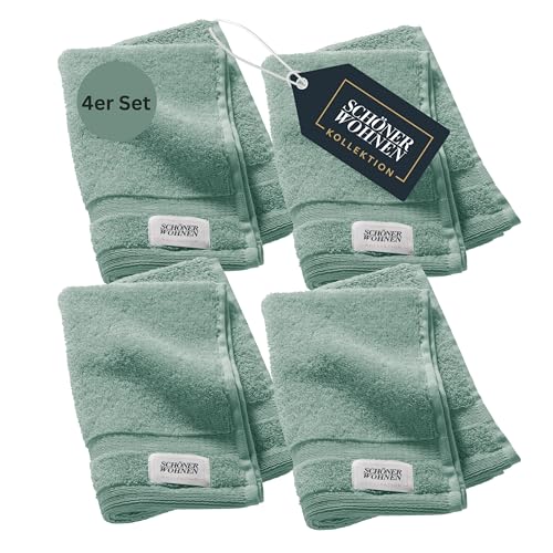 SCHÖNER WOHNEN 4er Set Premium Gästehandtuch 30x50 cm - saugstark - Luxus Handtücher Grün 4teilig - 100% Baumwolle - flauschig weich - als Handtuch-Set kombinierbar - Frottee Kinder - Öko-Tex von Schöner Wohnen Kollektion