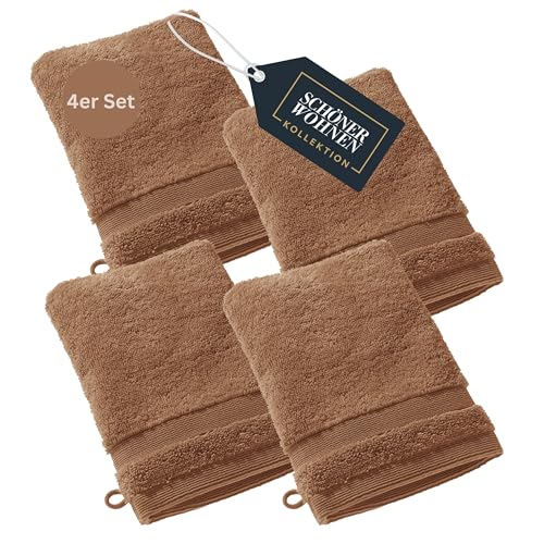 SCHÖNER WOHNEN 4er Set Premium Waschhandschuh Baby 16x21 cm - saugstark - Luxus Waschlappen Braun - 100% Baumwolle - flauschig weich - als Handtuch-Set kombinierbar - Frottee Kinder - Öko-Tex von Schöner Wohnen Kollektion