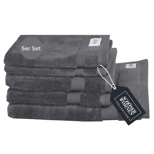 SCHÖNER WOHNEN Frottee Handtücher Set Anthrazit 5teilig - 100% Baumwolle - Handtuch Set flauschig weich - saugstark - besteht aus 1 Duschtuch + 2 Handtücher + 2 Gästetücher - Frottier Öko-Tex von Schöner Wohnen Kollektion
