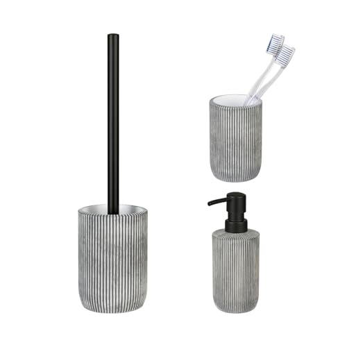 Schöner Wohnen Kollektion Bad-Accessoire Set Mod. Antella 3-teilig inkl Seifenspender Zahnputzbecher WC-Garnitur grau aus Polyresin Maße 37 cm x 9,5 cm von Schöner Wohnen Kollektion