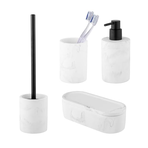 Schöner Wohnen Kollektion Bad-Accessoire Set Mod. Balatro 4-teilig aus Diatomit in Weiß Schwarz inkl. WC-Garnitur Seifenspender Zahnputzbecher Universaldose Maße 40 x 9 cm von Schöner Wohnen Kollektion