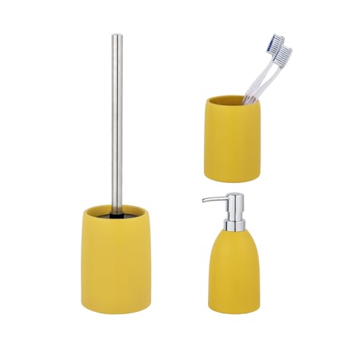 Schöner Wohnen Kollektion Bad-Accessoire Set Mod. FUNO 3-teilig aus hochwertiger Keramik in sonnigem Gelb inkl. WC-Garnitur Seifenspender Zahnputzbecher Maße 39,5 cm x 10 cm von Schöner Wohnen Kollektion