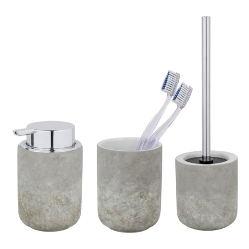 Schöner Wohnen Kollektion Bad-Accessoire Set Mod. Londa 3-teilig aus Keramik in Zementoptik mit Seifenspender Zahnputzbecher und WC-Garnitur Maße 38 x 11,5 cm Farbe Grau von Schöner Wohnen Kollektion