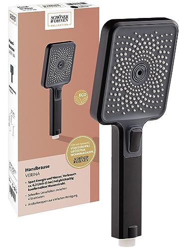 Schöner Wohnen Kollektion Handbrause 3-strahlig Verina, wasserspar Duschkopf, eckige Duschbrause mit Anti-Kalk-Noppen, Typ 1/2 '' Anschluss, Mattschwarz von Schöner Wohnen Kollektion