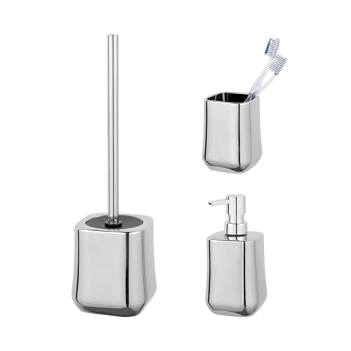 Schöner Wohnen Kollektion Keram.Bad-Acc.Set Mod. Adine 3tlg Bad-Accessoire Set aus Keramik mit Seifenspender Zahnputzbecher und WC-Garnitur Farbe Chrom Maße 11x38,5 cm von Schöner Wohnen Kollektion