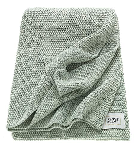 Schöner Wohnen Kollektion Tagesdecke 130x170 Baumwolle • unifarbene Kuscheldecke Melange • mehrfarbige Pastellgarne • gestrickte Sofadecke Mint von Schöner Wohnen Kollektion