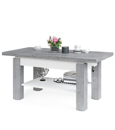 Schöner All4All Couchtisch Bresso 130x65 - Wohnzimmertisch - Klapptisch - Couchtisch höhenverstellbar - mit Ablagefach - Sofatisch mit Stauraum - Beton mit Weiß 05 (Beton + Weiß) von All4All