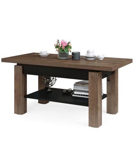 Couchtisch Wohnzimmertisch 130cm x 65cm x 59 cm Kaffeetisch Bresso mit Brett höhenverstellbar ausklappbar Weiß Wenge Nuss Erle Sonoma Eiche 05 (Braune Eiche + Schwarz) von Schöner