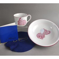 Herend Raspberry Schüssel & Tasse Kindergeschirr Bunny Elephant Rare -Setpreis - Baby Shower Girl Fishnet von Schoenitaeten