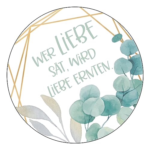 Schokoladenseite 48 x Aufkleber Blumensamen - Wer Liebe sät - 40 mm, Design Eukalyptus 19050540, Sticker geeignet für Hochzeit Gastgeschenk Taufe Kommunion Geburtstag Feste Geschenke von Schokoladenseite