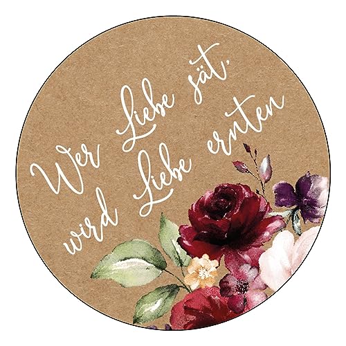 Schokoladenseite 48 x Aufkleber Blumensamen - Wer Liebe sät - 40 mm, Design Vintageflower 19040540, Sticker geeignet für Hochzeit Gastgeschenk Taufe Kommunion Geburtstag Feste Geschenke von Schokoladenseite