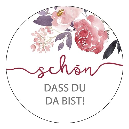 Schokoladenseite 48 x Aufkleber Schön dass du da bist - 40 mm, Design Flowerpower 174418, Sticker geeignet für Hochzeit Gastgeschenk Taufe Kommunion Geburtstag Feste Geschenke von Schokoladenseite