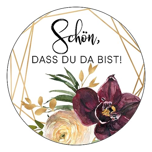 Schokoladenseite 48 x Aufkleber Schön dass du da bist - 40 mm, Design Watercolor 174406, Sticker geeignet für Hochzeit Gastgeschenk Taufe Kommunion Geburtstag Feste Geschenke von Schokoladenseite