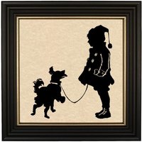 Junge Mit Hund Auf Winterspaziergang Gerahmt Papierschnitt Silhouette in Schwarzem Holzrahmen Goldrand, Winter, Wandkunst, Dekor von SchoonerBayCo