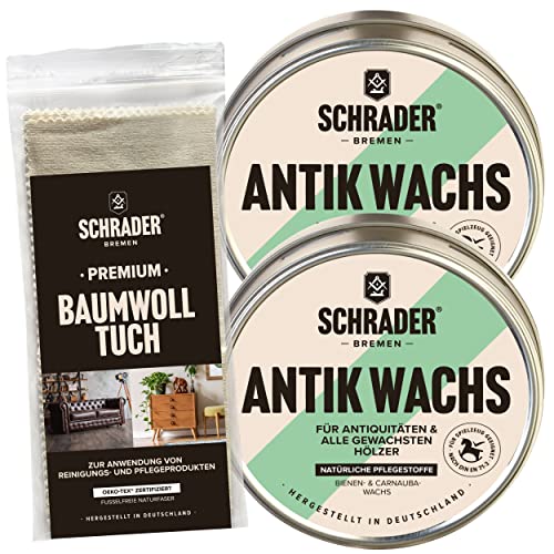 SCHRADER Antik Wachs Set - farbloses Wachs für Holzmöbel und Holzoberflächen mit Poliertuch - 3-teilig - Made in Germany von Schrader Bremen