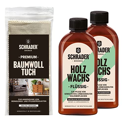 SCHRADER Holz Wachs Set - flüssiges Wachs für Holzmöbel und Holzoberflächen mit Poliertuch - 3-teilig - Made in Germany von Schrader Bremen
